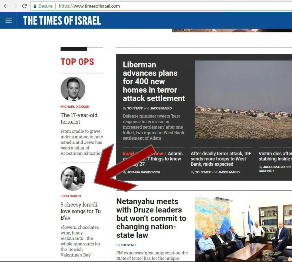 Front page coverage at The Times of Israel